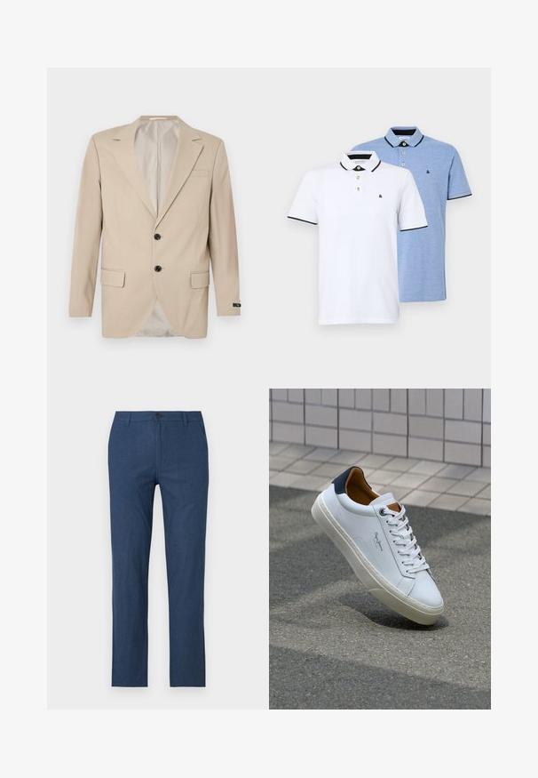 Bežs bleizers ar divu pogu aizdari, iemaukti lapiņas, priekšējās kabatas un viena krūšu kabata. Gluda auduma ar pieguļošu piegriezumu.; Divi polo krekli: viens balts ar melniem akcentiem, otrs gaiši zils melnā toņkārtā. Katram ir apkakle un divu pogu aizdare ar logo.; Jūras zilas bikses, izgatavotas no viegla auduma, ar taisnu griezumu, rāvējslēdzēja aizdari, pogu aizdari un sānu kabatām.; Baltas ādas čības ar tumši zilu papēdi, apaļu purngalu un kontrastējošām brūnām detaļām. Aprīkotas ar plakanu auklu un struktūrētu gumijas zoli.