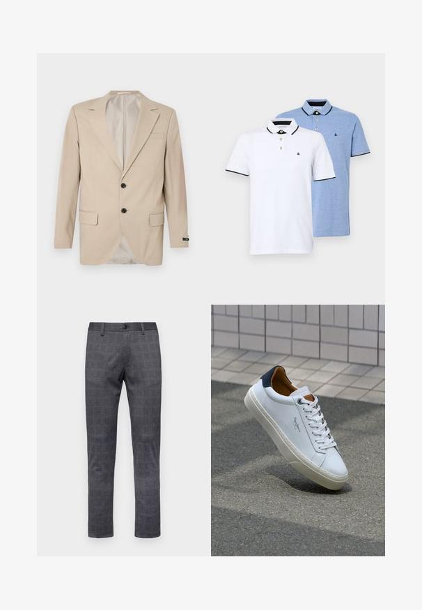 Bežs bleizers ar divu pogu aizdari, iemaukti lapiņas, priekšējās kabatas un viena krūšu kabata. Gluda auduma ar pieguļošu piegriezumu.; Divi polo krekli: viens balts ar melniem akcentiem, otrs gaiši zils melnā toņkārtā. Katram ir apkakle un divu pogu aizdare ar logo.; Pelēkas kauliņu tipa bikses ar šauru piegriezumu, ar pogu aizdari, jostas cilpām un teksturētu audumu.; Baltas ādas čības ar tumši zilu papēdi, apaļu purngalu un kontrastējošām brūnām detaļām. Aprīkotas ar plakanu auklu un struktūrētu gumijas zoli.