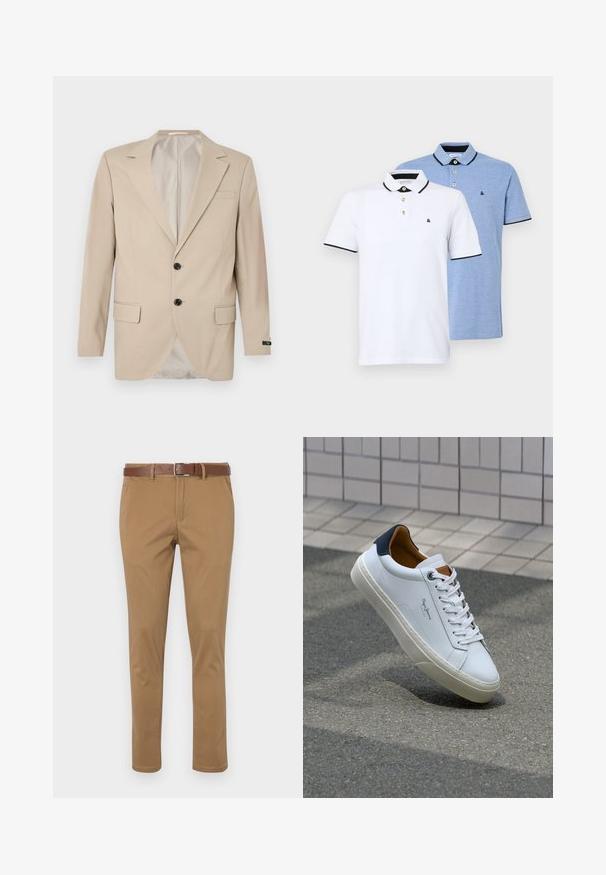 Beige blazer met een sluiting met twee knopen, notch-lapels, zijzakken en een enkele borstzak. Gladde stof met een getailleerde pasvorm.; Twee poloshirts: de ene wit met zwarte accenten, de andere lichtblauw gemêleerd. Beide hebben een kraag en een knoopsluiting met twee knopen, met een logo.; Tan chino's met een gestructureerde afwerking, voorzien van schuine zijzakken, een knoop- en rits sluiting, en een leren riem in bruin.; Witte leren sneaker met een marineblauwe hiel, ronde neus en contrasterende bruin accent. Beschikt over platte veters en een gestructureerde rubberen zool.
