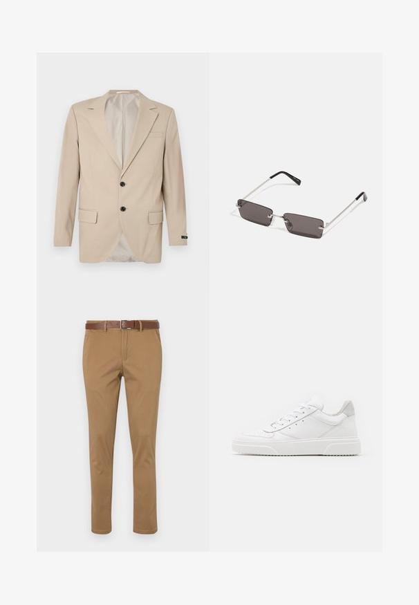 Beige sako s dvojitým zapínáním, klopovými límci, předními kapsami a jednou náprsní kapsou. Hladká tkanina a přizpůsobený střih.; Dvě polo trička: jedno bílé s černými akcenty, druhé světle modré melírované. Každé má límeček a dvouknoflíkovou nápletu s logem.; Béžové chinos kalhoty s texturovaným povrchem, s šikmými bočními kapsami, zapínáním na knoflík a zip a hnědým koženým pásem.; Bílé kožené tenisky s hladkým povrchem, zaoblenou špičkou, plochými tkaničkami a texturovanou podrážkou. Šedý semišový detail na patě.; Sluneční brýle s obdélníkovými tmavě šedými skly, stříbrnými kovovými rámy a černými plastovými konci na nožičkách. Lehké provedení s podložkami na nos.
