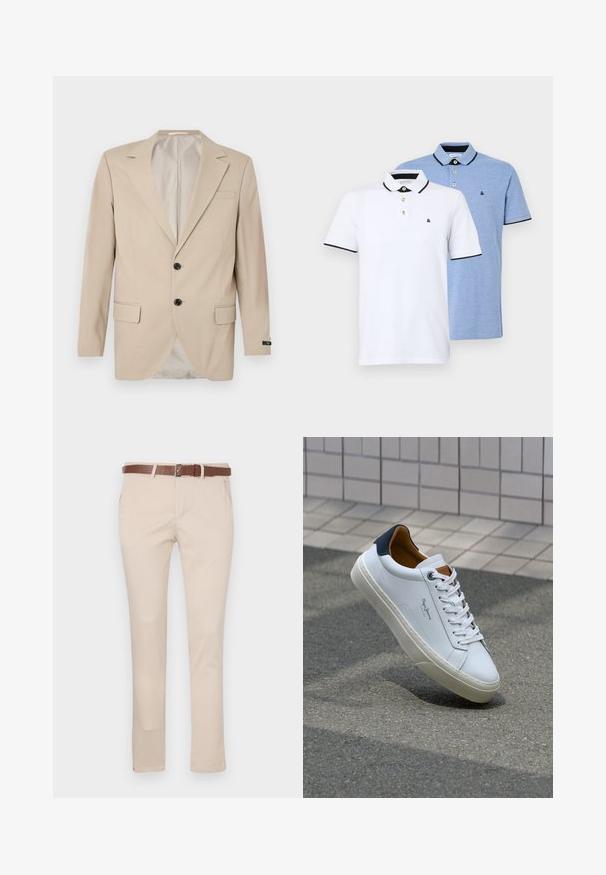 Bežový blazer s dvojitým uzáverom, klopovými reverzami, prednými vreckami a jedným vreckom na hrudi. Hladká tkanina s priliehavým strihom.; Dvaja polo tričká: jedno biele s čiernymi akcentmi, druhé svetlo modré melírované. Každé má golier a dva gombíky na zapínanie s logom.; bežové chinos vyrobené z bavlny, s hnedým koženým opaskom, štandardnými vreckami a strihom prispôsobeným postave so širokým strihom nohavíc.; Biele kožené tenisky s námorníckym opätkom, okrúhlou špičkou a kontrastnými hnedými akcentami. Majú ploché šnúrky a textúrovanú gumovú podrážku.