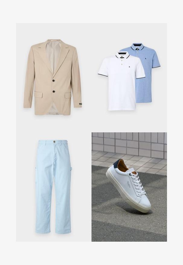 Beige Blazer mit Zwei-Knopf-Verschluss, Reverskragen, Fronttaschen und einer Brusttasche. Glattes Gewebe mit taillierter Passform.; Zwei Poloshirts: eines weiß mit schwarzen Akzenten, das andere hellblau meliert. Jedes Shirt hat einen Kragen und eine Knopfleiste mit zwei Knöpfen sowie ein Logo.; Helle blaue Cargo-Hose aus weichem Baumwollmaterial mit geradem Schnitt, ausgestattet mit Seitentaschen und einem Knopfverschluss an der Taille.; Weiße Ledersneaker mit navyfarbenem Fersenbereich, runder Zehenpartie und kontrastierenden braunen Akzenten. Verfügt über flache Schnürsenkel und eine strukturierte Gummisohle.