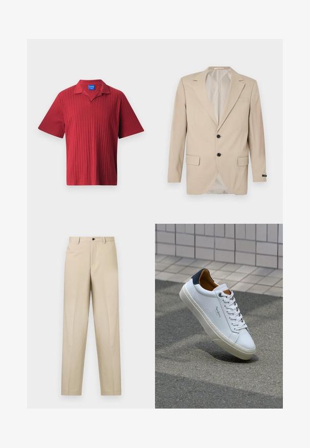 Beež bleiser kahe nupuga kinnitusega, lõikelehega krae, ees taskud ja üks rinnatasku. Sile kangas ja voogav lõige.; Punane lühikeste varrukatega polo särk, millel on vertikaalne sooniktekstuur, soonikuga kaelus ja sisekrae peal sildiga etikett.; Kerged beežid püksid kergetest kangast, sirge jala disainiga, ühe eesriide ja nööbi kinnitusega vöökoha juures.; Valge nahast tennis, millel on tumesinine konts, ümmargune nina ja kontrastsed pruuni aktsendid. Omab lamepaelti ja tekstureeritud kummist tallat.