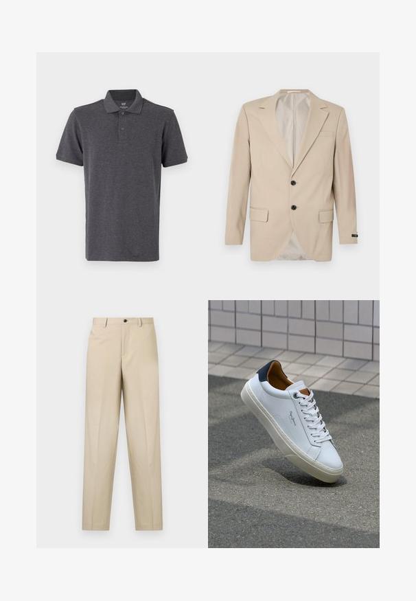 Blaser beige avec une fermeture à deux boutons, des revers crantés, des poches frontales et une poche poitrine simple. Tissu lisse avec une coupe ajustée.; GAP Polo - light grey; Pantalons beiges en tissu léger, avec une coupe droite, un pli avant unique et une fermeture à bouton à la taille.; Sneaker en cuir blanc avec un talon bleu marine, bout rond et accents marron contrastés. Dispose de lacets plats et d'une semelle en caoutchouc texturée.