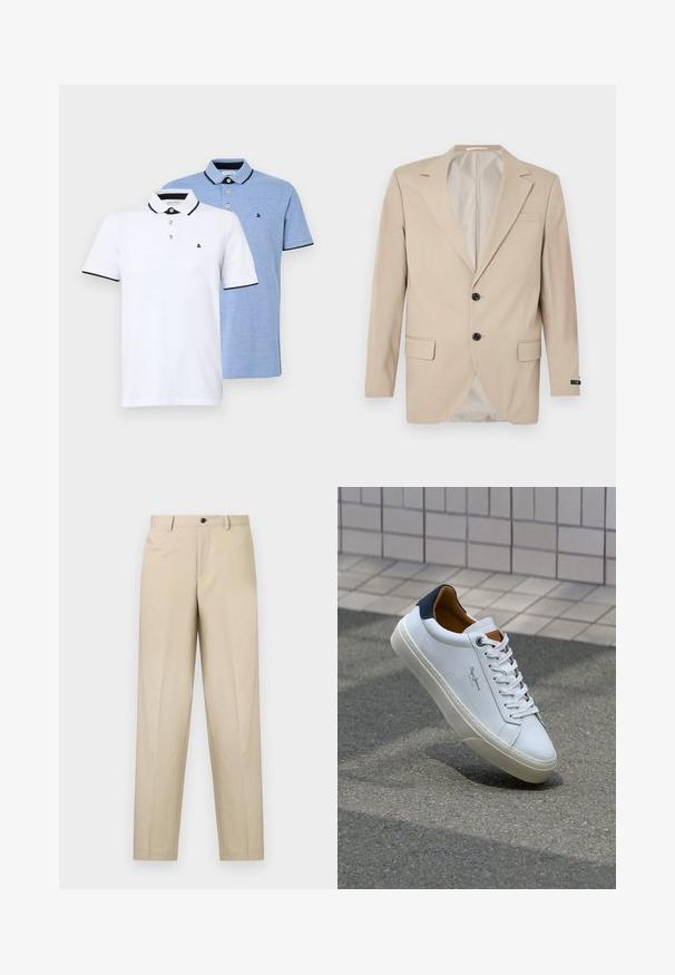 Beige bleiseri, jossa on kaksipainikkeinen kiinnitys, kaarevat läpät, etutaskut ja yksittäinen rintatasku. Sujuva kangas suurella istuvuudella.; Kaksi polo-paitaa: yksi valkoinen mustilla yksityiskohdilla, toinen vaaleansininen heather. Molemmissa on kaulus ja kaksipainanappinen nappirivistö logolla.; Beige-housut, jotka on valmistettu kevyestä kankaasta, suoran lahkeen muotoilulla, yhdellä etupleatilla ja nappikiinnityksellä vyötäröllä.; Valkoinen nahkakenkä, jossa on tummansininen kantapää, pyöreä kärki ja ristikkäiset ruskeat korostukset. Varustettu tasapaksuilla nauhoilla ja teksturoidulla kumipohjalla.