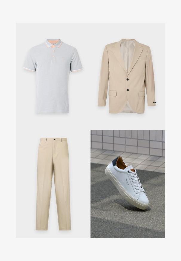 Beige sako s dvojitým zapínáním, klopovými límci, předními kapsami a jednou náprsní kapsou. Hladká tkanina a přizpůsobený střih.; Světle šedé polo tričko, krátké rukávy, broskvový límec a manžety s bílými akcenty, tři knoflíky, vyšívané logo na hrudi.; Béžové kalhoty vyrobené z lehké látky, s rovně střiženými nohavicemi, jediným předním skladem a knoflíkovým zapínáním v pase.; Bílé kožené tenisky s námořnickým podpatkem, kulatou špičkou a kontrastními hnědými detaily. Obsahují ploché tkaničky a texturovanou gumovou podrážku.