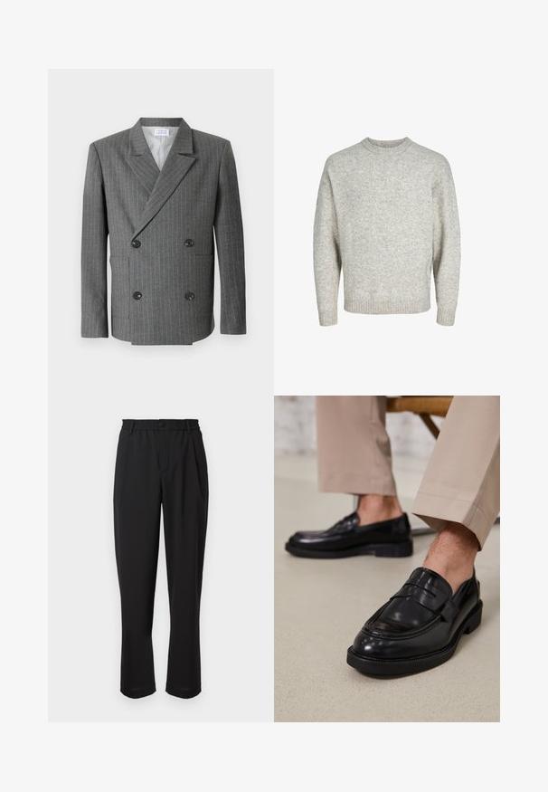 Libertine-Libertine PUBLIC - Sako - dark grey; Svijetlosivi pleteni pulover s okruglim izrezom, spuštenim ramenima i rebrastim manžetama, koji ima teksturiranu, blago dlačastu površinu.; Bijela košulja dugih rukava od glatke tkanine s kopčanjem sprijeda. Ima klasični ovratnik i gumbe zlatne boje duž otvora za kopčanje.; Crne hlače s elastičnim pojasom, kopčom na dugme i ravnim krojem. Glatka tkanina, bez vidljivih uzoraka ili akcenta.; Crne kožne mokasine s glatkom obradom, koje imaju dekorativnu traku i kontrastnu šav, u kombinaciji s bež hlačama.