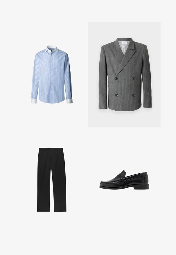 Libertine-Libertine PUBLIC - Blazer - dark grey; Lichtgrijze gebreide trui met een ronde halslijn, verlengde schouders en geribde mouwen, met een gestructureerd, licht pluizig oppervlak.; Lichtblauw gestreept overhemden met een witte kraag en manchetten. Kenmerkt zich door een knoopsluiting aan de voorkant en lange mouwen, gemaakt van geweven stof.; Zwarte broeken met een recht model, gemaakt van een gladde stof. Voorzien van een voorplooien en een enkele knoopsluiting bij de taille.; Zwarte leren instappers met een gladde afwerking, gestikte details op de neus en een lage hakontwerp voor comfort en stijl.