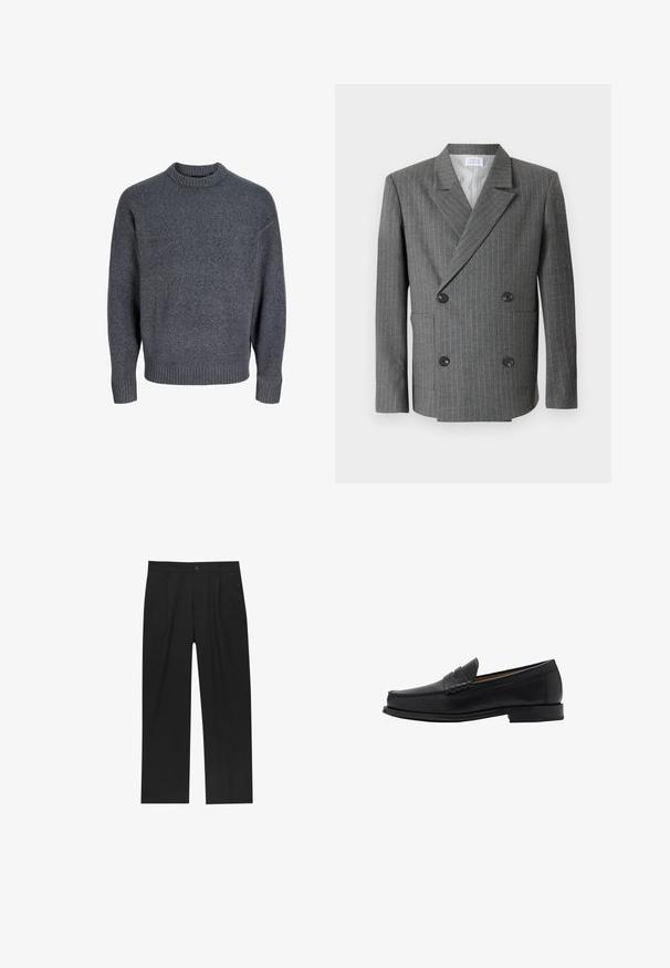 Libertine-Libertine PUBLIC - Sakko - dark grey; Grauer Pullover aus weichem Stoff, mit einem gerippten Rundhalsausschnitt und Bündchen, einfachem, klassischem Design und strukturierten Oberfläche.; Weißes Langarmhemd aus glattem Stoff mit durchgehender Knopfleiste. Verfügt über einen klassischen Kragen und messingfarbene Knöpfe entlang der Knopfleiste.; Schwarze Hose mit geradem Schnitt, aus einem glatten Stoff gefertigt. Verfügt über Vorderfalten und einen einzelnen Knopfverschluss an der Taille.; Mango Business-Slipper - black