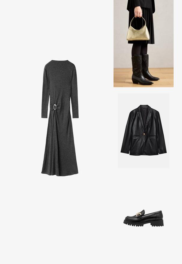 Čierny kožený blejzer s vykrojeným reverzom, jedným zlatým gombíkom, dvomi prednými vreckami a hladkým povrchom. Vnútorné podšívka je tmavá.; Šedé šaty s dlhým rukávom vyrobené z mäkkého materiálu. Majú šnurovací detail v oblasti pása so zaobleným strieborným kovovým doplnkom. Skladaná sukňa.; Čierne kožené poltopánky s robustnou gumovou podrážkou, ktoré majú dekoratívny zlatý reťazec na prednej strane. Hladký povrch s okrúhlou špičkou.; Zlatá textúrovaná kabelka s zakriveným tvarom a krátkou rukoväťou, ktorú drží osoba oblečená v čiernej plisovanej sukni a čiernych kožených cowboyských čižmách.