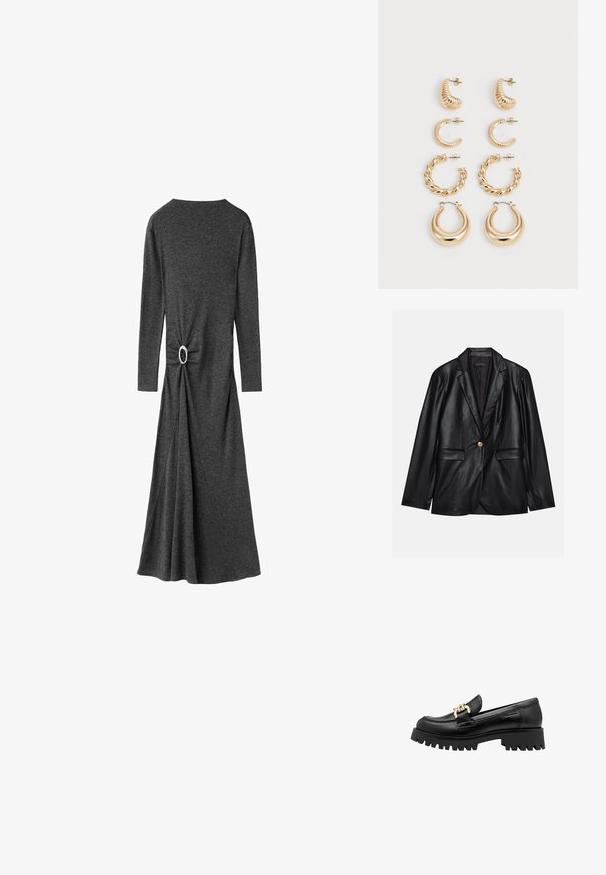 Blazer de cuero negro con solapa muestrada, cierre con un solo botón dorado, dos bolsillos frontales y un acabado suave. El forro interior es oscuro.; Vestido gris de manga larga, hecho de una tela suave. Presenta un detalle retorcido en la cintura con un acento de hardware plateado redondo. Falda fluida.; Mocasín de cuero negro con suela de goma gruesa que presenta un accesorio decorativo de cadena dorada en la parte frontal. Textura suave con punta redondeada.; Conjunto de cinco pendientes de oro, con distintos diseños: superficies retorcidas, estriadas y lisas en formas de aro y media luna.