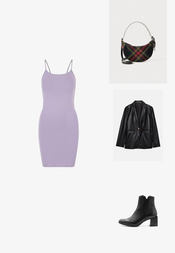 Schwarze Lederblazer mit Reverskragen, einem einzelnen goldenen Knopfverschluss, zwei Vorderaschen und glatter Oberfläche. Futter ist dunkel.; Lila Bodycon-Kleid aus weichem, dehnbarem Stoff. Ausgestattet mit dünnen Spaghettiträgern und einer enganliegenden Silhouette, mit einer durchgehend glatten Textur.; Schwarze Lederstiefelette mit spitzer Zehenform, einem Blockabsatz und einem V-förmigen Ausschnitt am Knöchel, mit einer glatten Textur und minimalistischem Design.; Handtasche aus einem Wollgemisch im Karomuster, mit einer Halbmondform, silbernem Kettenhenkel und einem abnehmbaren schwarzen Ledertrageriemen.