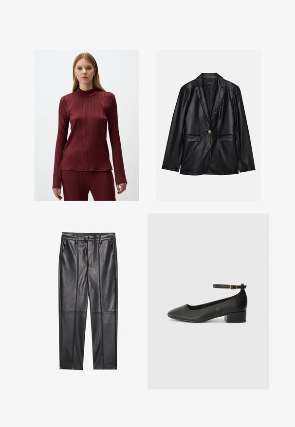 Zwarte leren blazer met een opstaande revers, sluiting met één gouden knoop, twee voorzakken en een gladde afwerking. Binnenvoering is donker.; Bordeaux ribbed lange mouwen top met een hoge nek en knoopdetails op de schouder. Gemaakt van een zachte, elastische stof met een aansluitende silhouette.; Zwarte leren broeken met een gladde textuur, voorzien van een rechte pasvorm, twee voorzakken en zichtbare naaddetail.; Zwarte leren pump met een spitse neus en een lage blokhak. Beschikt over een enkelband met een goudkleurige gespsluiting. Gladde textuur.