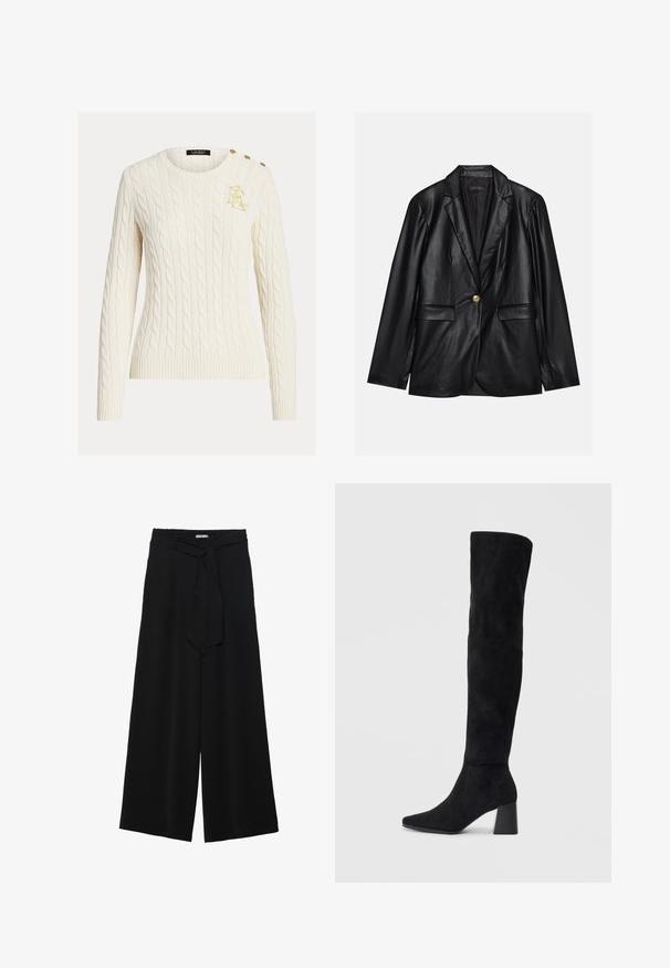 Svart skinnblazer med klaffkrage, en enkelt gullknapp-lukking, to frontlommer og glatt finish. Innertrekket er mørkt.; Kremfarget kabelstrikket genser med lange ermer, rund hals, gullbrodert logo på brystet og tre gullknapper på skulderen.; Svart vide bukser med teksturert stoff, elastisk midje og avtagbart belte som gir justerbar passform.; Sorte semskede knelang støvel med blokk-heelsk, spiss tå og glatt, sømløst design på en ensfarget lys bakgrunn.