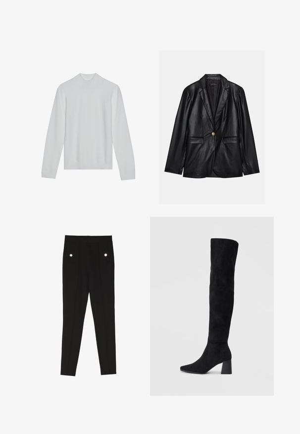 Zwarte leren blazer met een opstaande revers, sluiting met één gouden knoop, twee voorzakken en een gladde afwerking. Binnenvoering is donker.; Witte coltrui met lange mouwen, geribbelde kraag en zoom. Zachte textuur, minimalistisch ontwerp zonder zichtbare patronen of accenten.; Zwarte op maat gemaakte broeken met een gladde textuur, voorzien van twee voorkruim pockets met decoratieve hardwareaccenten en een slim-fit ontwerp.; Zwarte suède kniehoge laars met blokhak, spitse neus en een glad, naadloos ontwerp op een effen lichte achtergrond.