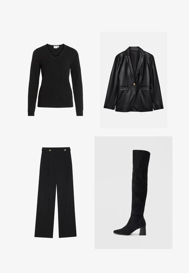 Blazer em couro preto com lapela recortada, fecho de um único botão dourado, dois bolsos frontais e acabamento suave. O forro interior é escuro.; Sweater preto em V, feito de tecido suave, apresentando mangas longas, bainha e punhos canelados, com um design simples e clássico.; Calças largas pretas com cintura alta, detalhes em botão na cintura e pregas frontais.; Bota de camurça preta até ao joelho com salto bloco, bico fino e design suave e sem costuras sobre um fundo claro.
