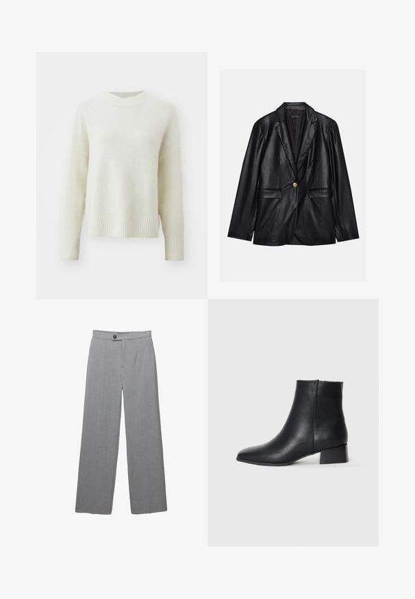 Črni usnjeni blejzer z izrezanim ovratnikom, enojnim zlatim gumbom, dvema sprednjima žepoma in gladko površino. Notranja podloga je temna.; Svetel krem pulover iz mehkega, teksturiranega blaga. Ima okroglo izrez, rebraste manšete in rob, ter sproščen kroj z odpadlimi rameni.; Sive krojene hlače s širokimi nogavicami, ravnim sprednjim delom in subtilno teksturo. Imajo en gumb za zapiranje in čiste linije.; Črne usnjene gležnjarje s koničastim nosom in nizko blok peto, ki se ponašajo z gladko teksturo in minimalističnim dizajnom.