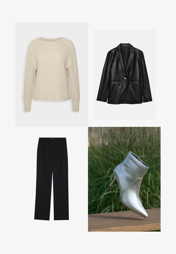 Sacou din piele neagră cu rever ascuțit, închidere cu un singur nasture auriu, două buzunare frontale și finisaj neted. Captuseala interioară este de culoare închisă.; Pulover tricotat de culoare roz deschis, cu guler rotund, mâneci raglan și manșete cu model din jerseu. Textura este moale, cu o croială lejeră și detalii minime.; Pantaloni negri cu un design drept, dotati cu doua buzunare frontale si un talie. Fabricati dintr-un material usor si neted.; Botine cu toc înalt, argintii și strălucitoare, cu vârf ascuțit și fermoar, echilibrate pe o suprafață de lemn, în fața unui fundal cu iarbă verde.