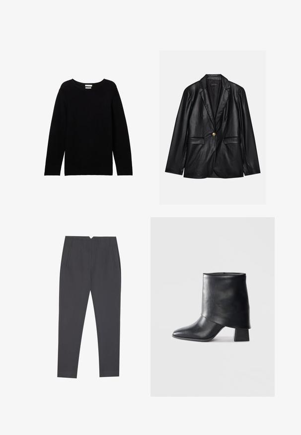 Blazer in pelle nera con revers, chiusura con un bottone dorato, due tasche frontali e finitura liscia. Fodera interna di colore scuro.; Maglione nero a maniche lunghe in tessuto a costine, con scOLLatura rotonda e spalle scese, caratterizzato da una vestibilità morbida e senza decorazioni visibili.; Pantaloni tapered grigio scuro con tasche laterali e pieghe frontali, progettati per una vestibilità su misura.; Stivale in pelle nera alla caviglia con punta affusolata, texture liscia e tacco a blocco strutturato. Presenta un design con risvolto alto.