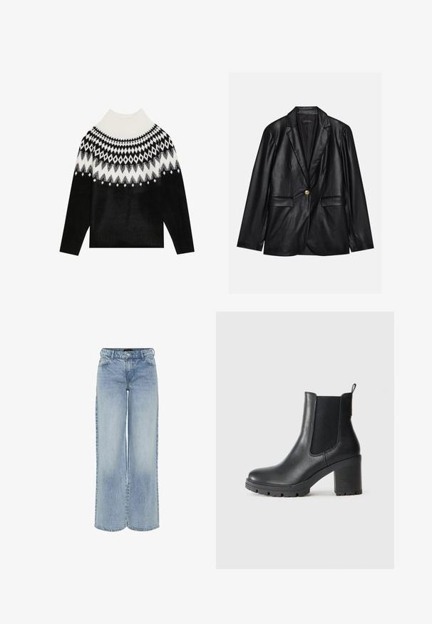 Schwarze Lederblazer mit Reverskragen, einem einzelnen goldenen Knopfverschluss, zwei Vorderaschen und glatter Oberfläche. Futter ist dunkel.; Schwarzer und weißer gestrickter Pullover mit hohem Kragen, rhombischem Muster über der Schulter und gerippten Bündchen und Saum. Weiche Textur.; Hellblaue weit geschnittene Denim-Jeans mit hoher Taille, fünf Taschen und subtiler Ausbleichung. Verfügt über Gürtelschlaufen und einen Reißverschluss.; Schwarze Leder-Ankle Boots mit elastischen Seitenpanelen, dicker Gummisohle und einem hohen Blockabsatz. Mit einem Zugriegel auf der Rückseite.