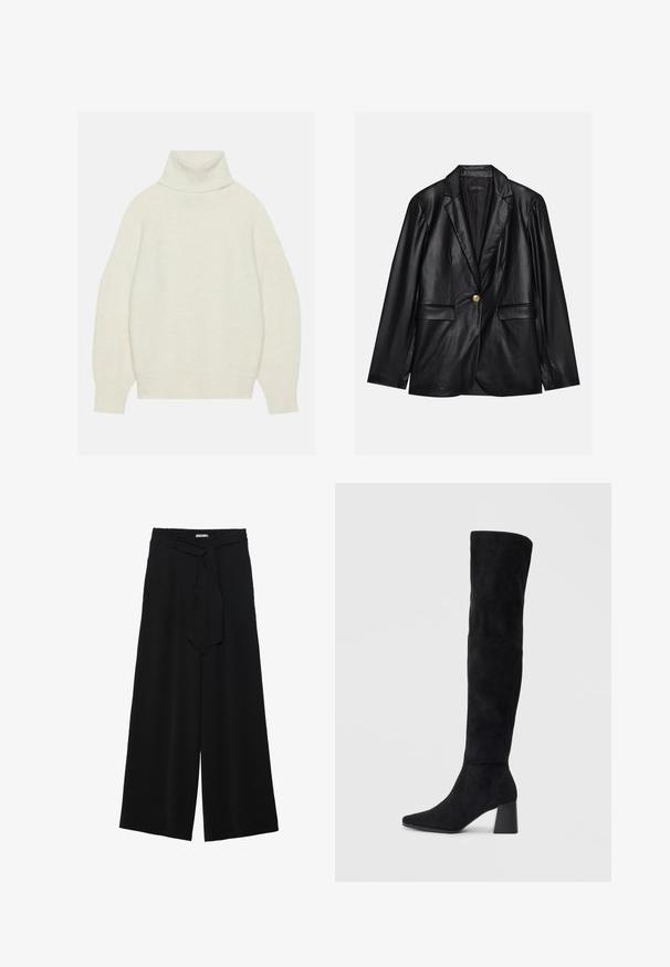 Sacou din piele neagră cu rever ascuțit, închidere cu un singur nasture auriu, două buzunare frontale și finisaj neted. Captuseala interioară este de culoare închisă.; Pulover cu guler înalt, de culoare crem, realizat dintr-un material tricotat moale. Prezintă un croi lejer, mâneci raglan și tivuri ribbate.; Pantaloni largi negri dintr-un material texturat, cu un tiv elastic și o panglică detașabilă la talie pentru un fit ajustabil.; Cizme negre din suede, cu toc bloc, vârf ascuțit și un design neted, fără cusături, pe un fundal deschis.