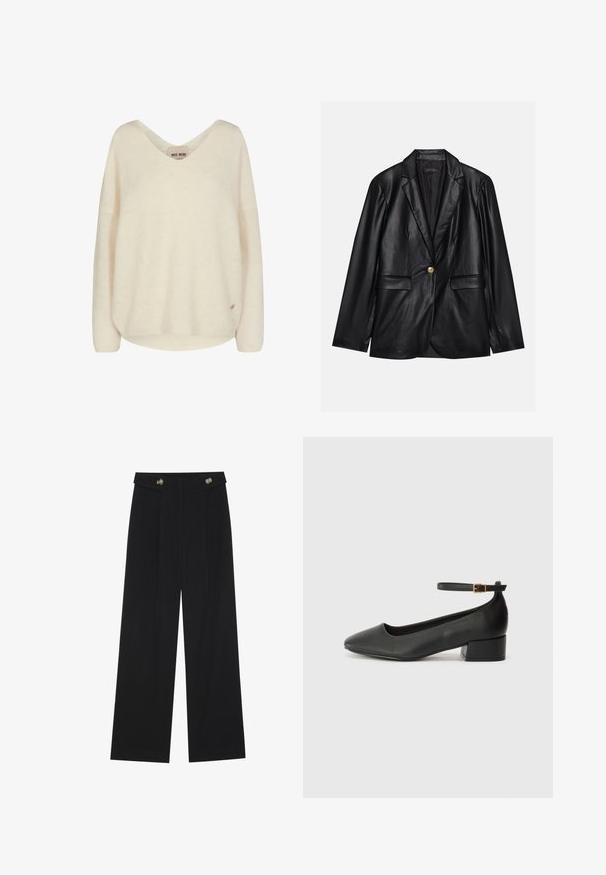 Blazer in pelle nera con revers, chiusura con un bottone dorato, due tasche frontali e finitura liscia. Fodera interna di colore scuro.; Maglione in maglia di colore crema con scollatura a V, spalle abbassate e vestibilità rilassata. Presenta una texture morbida e un piccolo logo accentato sul lato.; Pantaloni neri a gamba larga con vita alta, dettagli con bottoni in vita e pieghe frontali.; Pump in pelle nera con punta affusolata e tacco basso a blocco. Presenta una cinghia alla caviglia con una fibbia in tonalità oro. Texture liscia.