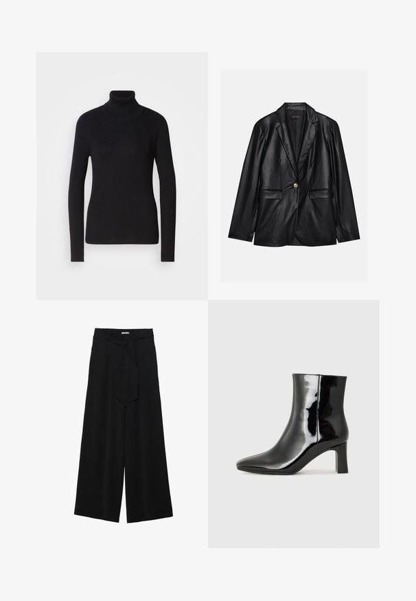 Fekete bőr blézer, kihajtott gallérral, egyetlen arany gombbal záródik, két elülső zsebbel rendelkezik, és sima felülettel bír. Belső bélése sötét színű.; Fekete bordás garbós pulóver hosszú ujjal. Kötött anyagból készült, slim fit szabással. Sima tapintás és magas nyak részlet.; Fekete, bő szárú nadrág, texturált anyagból, rugalmas derékpánttal és levehető sállal a derekán, amely állítható illeszkedést biztosít.; Fekete lakk bőrcipő bokáig érő, hegyes orral és közepes magasságú tömbsarokkal. Simább textúrával és minimalista dizájnnal rendelkezik.