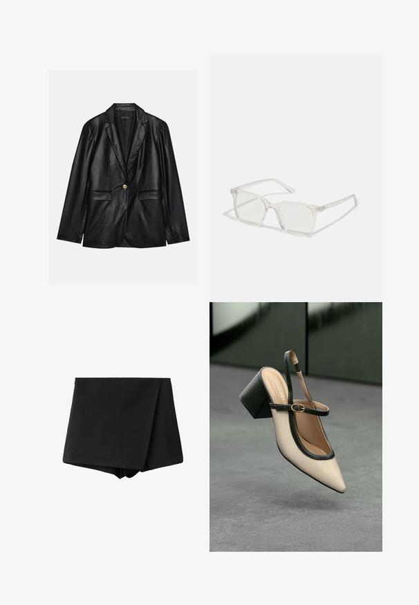 Black leather blazer with a notched lapel, single gold button closure, two front pockets, and smooth finish. Inner lining is dark.; White long-sleeve button-up shirt made of a smooth fabric, featuring a classic collar, two front pockets, and gathered cuffs.; Black wrap-style shorts made from smooth fabric, featuring a high waist and a relaxed fit. No patterns or accents visible.; Beige pointed-toe slingback shoe with black trim, gold buckle, and a chunky block heel on gray floor with dark green background.; Clear plastic square-frame glasses with translucent lenses, featuring gold accents on the temples for added detail.