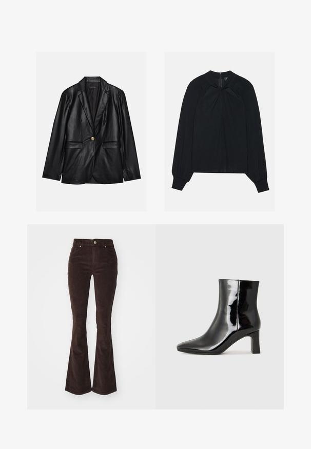 Blazer de cuero negro con solapa muestrada, cierre con un solo botón dorado, dos bolsillos frontales y un acabado suave. El forro interior es oscuro.; Blusa negra de tela ligera con frente plisado, cuello alto y puños elásticos que cuentan con un cierre trasero oculto.; Vero Moda VMFLASH FLARED PANTS - Pantalones - chocolate torte; Botín de charol negro con punta afilada y un tacón de bloque de altura media. Textura suave y diseño minimalista.
