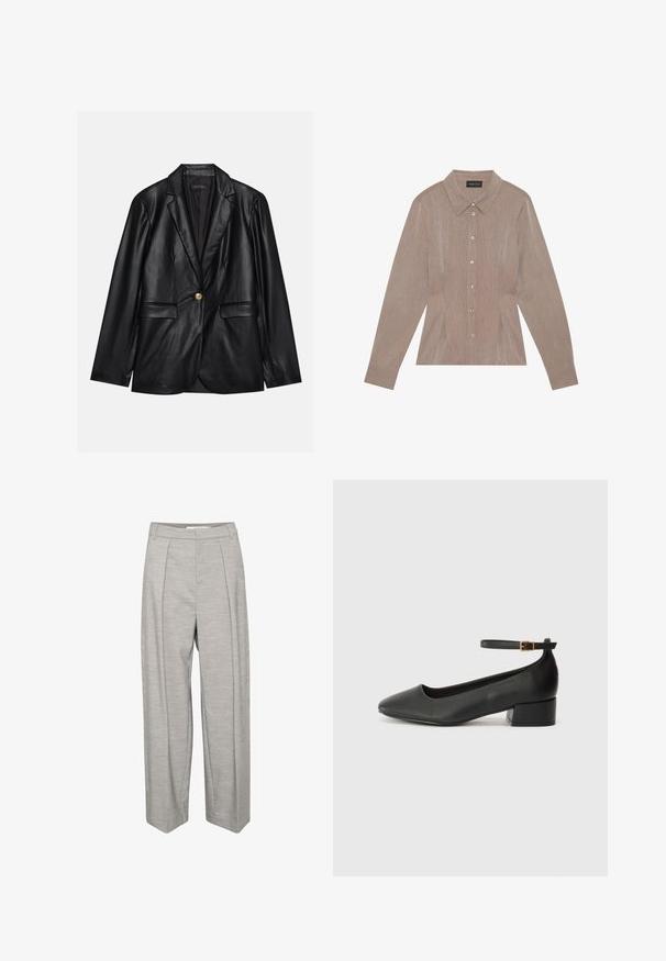 Fekete bőr blézer, kihajtott gallérral, egyetlen arany gombbal záródik, két elülső zsebbel rendelkezik, és sima felülettel bír. Belső bélése sötét színű.; Barna, hosszú ujjú ing, galléros nyakkivágással, csíkos mintával, elülső gombos záródással, és oldalsó varrásainál redőkkel.; Világosszürke, bő szárú nadrág sima textúrával, két elülső redővel, derékkal és egyenes szárakkal.; Fekete bőr magassarkú cipő hegyes orral és alacsony tömb sarkal. Bokapánttal rendelkezik, aranyszínű csattal. Simább textúra.