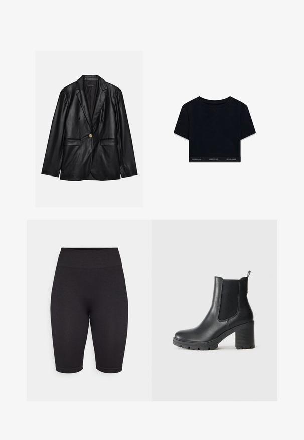 Mustapitsin takki, jossa on viiksikäänteet, yksittäinen kultaknoppi, kaksi etutaskua ja sileä pinta. Sisävuori on tumman värinen.; Mustat lyhyet hihat, pyöreä pääntie ja pehmeä kangas. Hemmasta löytyy tuotemerkki "GUESS JEANS" valkoisella.; Mustat ribbivaroiteiset pyöräilyshortsit leveällä elastisella vyötäröosalla, jotka ulottuvat reiden puoliväliin. Ominaisuuksina sileä pinta ja tiukka malli.; Mustat nahkasaappaat nilkkamittaisella varrella, joissa on joustavat sivupaneelit, paksu kumipohja ja korkea lohkopohja. Takana on vetoketju.