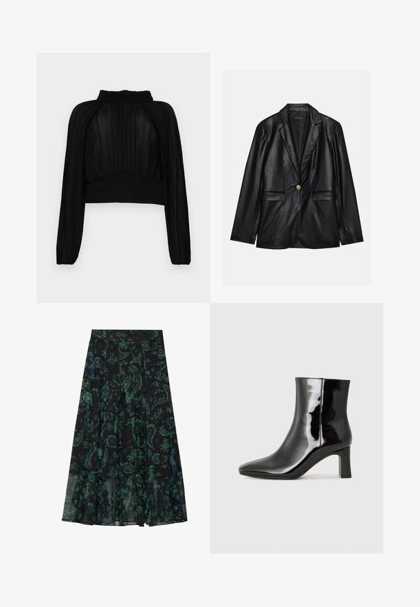 Melnas ādas žakete ar ieliektām atlokām, vienu zelta pogu aizdari, divām priekšējām kabatām un gludu apdari. Iekšējā odere ir tumša.; Melnā īsā tops ar pleitu faktūru, garām piedurknēm, augstu kakla izgriezumu un savāktām detaļām apakšmalā un plecos.; Melnā svārku ikona ar zaļiem ziedu rakstiem, kas piedāvā volānu maliņas un krokojumus. Izgatavota no viegla auduma, nodrošinot plūstošu siluetu.; Melnas patentētas ādas potīšu zābaki ar norādītu pirkstu un vidēja augstuma kvadrātveida papēdi. Gluda tekstūra un minimālisma dizains.