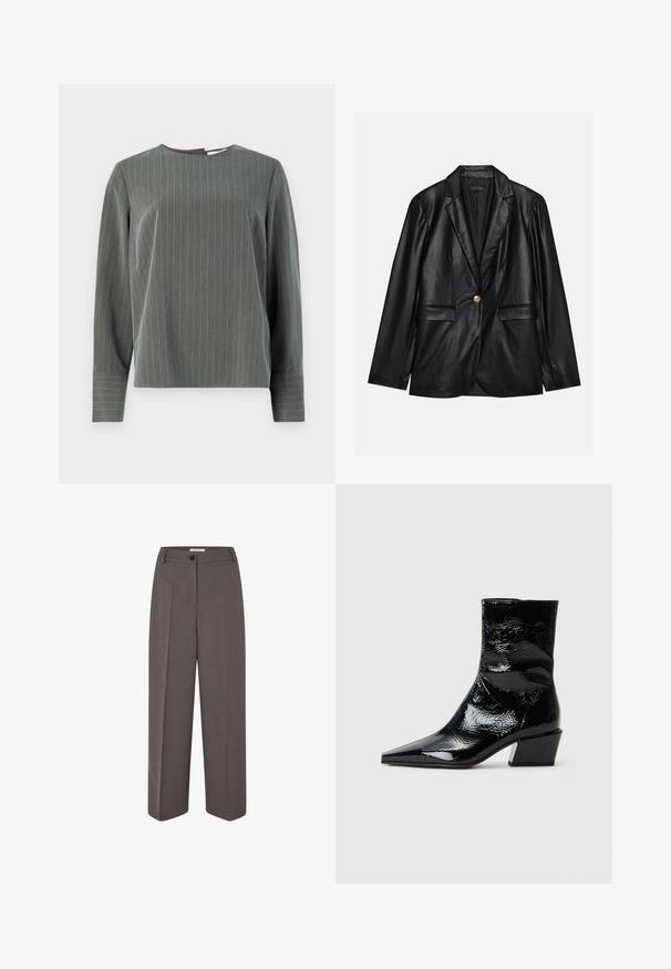 Črni usnjeni blejzer z izrezanim ovratnikom, enojnim zlatim gumbom, dvema sprednjima žepoma in gladko površino. Notranja podloga je temna.; Siva prugasta majica s dugim rukavima, okruglim izrezom i opuštenim krojem. Vertikalne pruge svijetlosive boje kontrastiraju sa tamnijom teksturom tkanine.; Široke hlače z visokim pasom v rjavi barvi, s sprednjimi gubami, zankami za pas, gumbom za zapiranje ter gladko teksturo blaga.; Črne lakirane gležnjarje s koničastim nosom, teksturirano površino in debelim blokastim peto. Šik oblikovanje s gladko, sijočo površino.