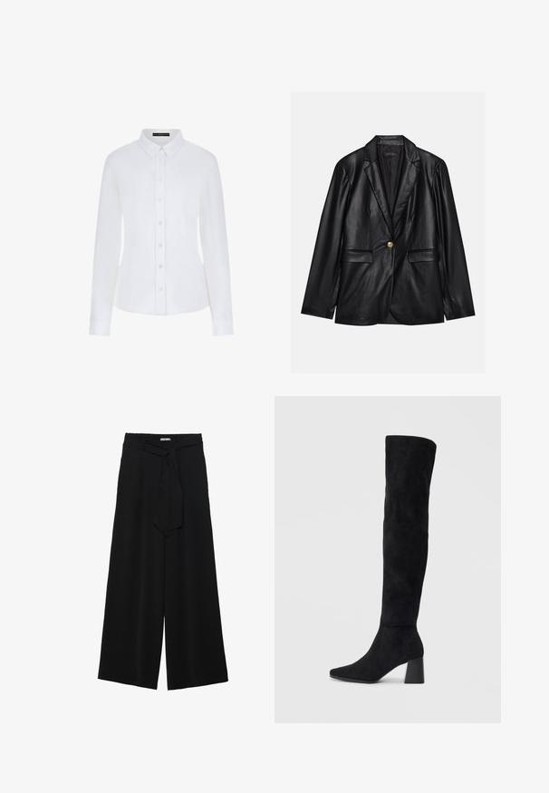 Black leather blazer with a notched lapel, single gold button closure, two front pockets, and smooth finish. Inner lining is dark.; White long-sleeve shirt featuring a collar, button-down front, and cuffs. Made of smooth fabric with a fitted design and no visible patterns.; Black wide-leg pants featuring a textured fabric, an elastic waistband, and a detachable sash tie at the waist for adjustable fit.; Black suede knee-high boot with block heel, pointed toe, and smooth, seamless design on a plain light background.