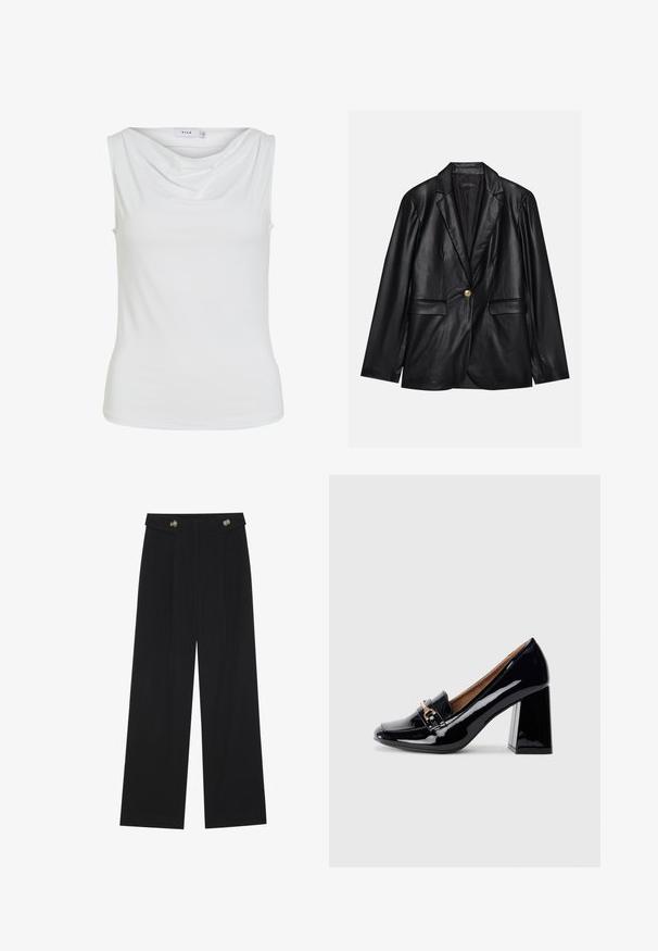 Blazer em couro preto com lapela recortada, fecho de um único botão dourado, dois bolsos frontais e acabamento suave. O forro interior é escuro.; Top feminino sem mangas branco com decote drapeado e silhueta justa, rotulado "VILA" na parte interna do colarinho.; Calças largas pretas com cintura alta, detalhes em botão na cintura e pregas frontais.; Sapato de salto alto em couro envernizado preto com bico apontado e salto bloco. Apresenta uma tira decorativa e detalhe de fivela no cabedal.