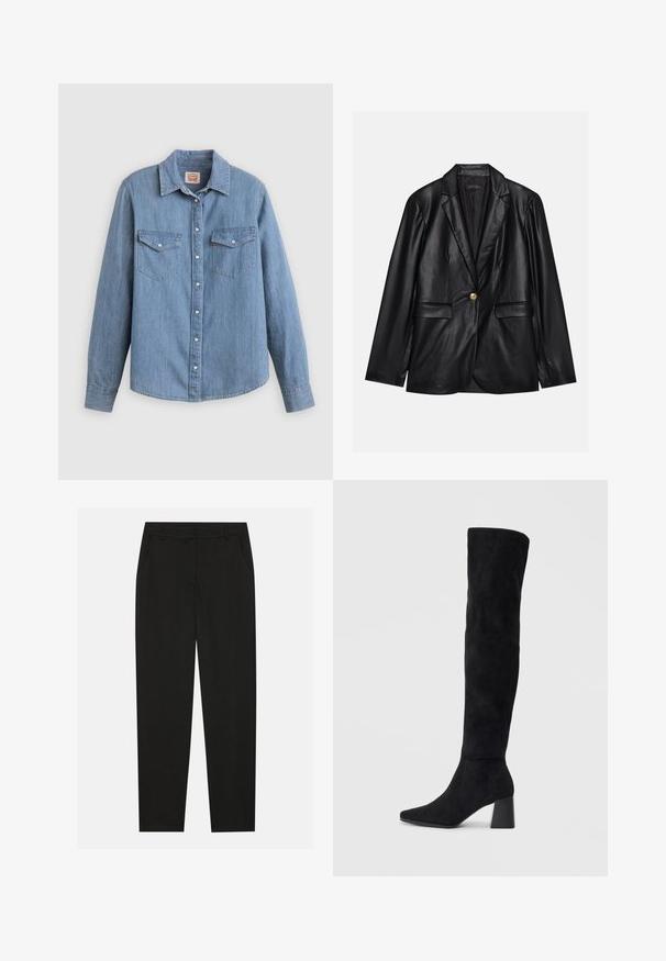 Čierny kožený blejzer s vykrojeným reverzom, jedným zlatým gombíkom, dvomi prednými vreckami a hladkým povrchom. Vnútorné podšívka je tmavá.; Svetlomodrá džínová košeľa s dlhými rukávmi, zapínaním na gombíky vpredu, dvoma náprsnými vreckami a klasickým golierom. Hladká textúra a voľný strih.; Čierne nohavice s prispôsobeným dizajnom, so bočnými vreckami a rovnou nohavicou. Vyrobené z hladkej, ľahkej tkaniny s elegantným vzhľadom.; Čierna semišová kozačka po kolená s blokovým podpätkom, špicatou špičkou a hladkým, bezšvovým dizajnom na jednoduchom svetlom pozadí.