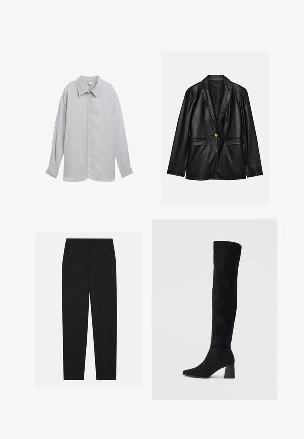 Fekete bőr blézer, kihajtott gallérral, egyetlen arany gombbal záródik, két elülső zsebbel rendelkezik, és sima felülettel bír. Belső bélése sötét színű.; Szürke, hosszú ujjú, gombos ing, galléros nyakkal, könnyű anyagból készült, finom textúrával és fehér gombokkal.; Fekete nadrág testreszabott kialakítással, oldalsó zsebekkel és egyenes lábbal. Simább, könnyű szövetből készült, elegáns felülettel.; Fekete nubuk térd fölé érő csizma, tömbsarokkal, hegyes orral és sima, varrat nélküli dizájnnal, világos háttérrel.