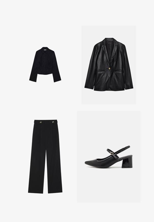 Czarna skórzana marynarka z klapami, pojedynczym zapięciem na złoty guzik, dwoma kieszeniami z przodu i gładkim wykończeniem. Podszewka jest ciemna.; Czarna krótka bluzka z długimi rękawami, kołnierzykiem i zapięciem na guziki. Wykonana z gładkiego materiału, o dopasowanym kroju i minimalistycznych detalach.; Czarne szerokie spodnie z wysokim stanem, z detalami w postaci guzików na pasku oraz plisami z przodu.; Czarne lakierowane czółenka na słupku ze spiczastym noskiem, lekko zaokrąglonym wycięciem i obcasem w kształcie bloku. Posiadają złotą klamrę jako akcent dekoracyjny.