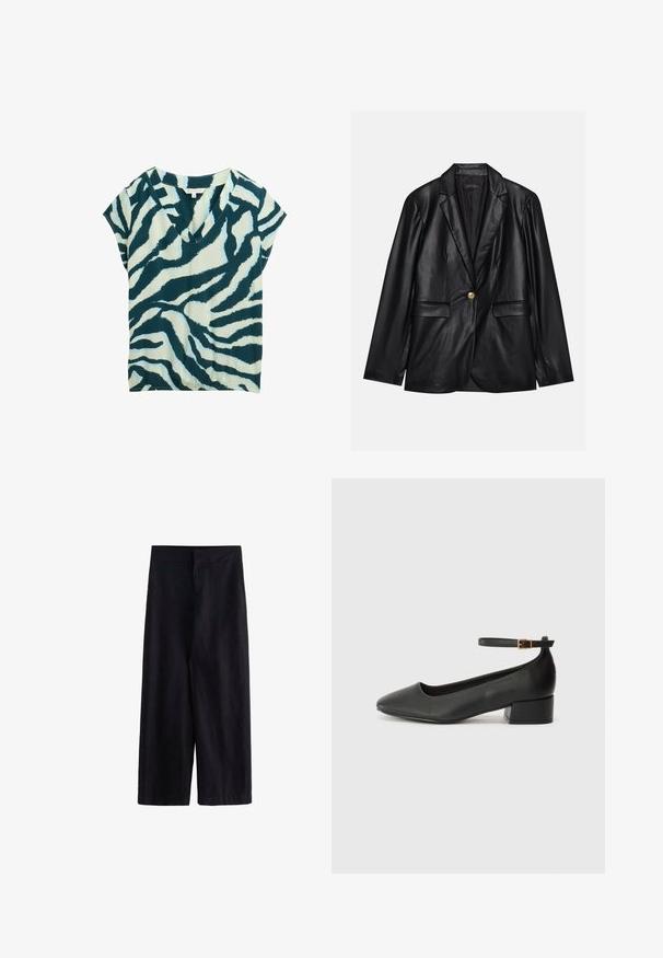 Schwarze Lederblazer mit Reverskragen, einem einzelnen goldenen Knopfverschluss, zwei Vorderaschen und glatter Oberfläche. Futter ist dunkel.; Kurzärmliges Oberteil in Türkis und Creme, mit V-Ausschnitt und Zebramuster. Weicher Stoff mit lockerer Passform und dezentem Glanz.; Schwarze weite Hosen aus leichtem Stoff. Mit einem flachen Bund, einem Reißverschluss vorne und Taschen ausgestattet, geeignet für Freizeit- oder formelle Anlässe.; Schwarze Lederpumps mit spitzem Zehenbereich und niedrigem Blockabsatz. Mit einem Knöchelriemen und einer goldfarbenen Schnalle. Glatte Textur.