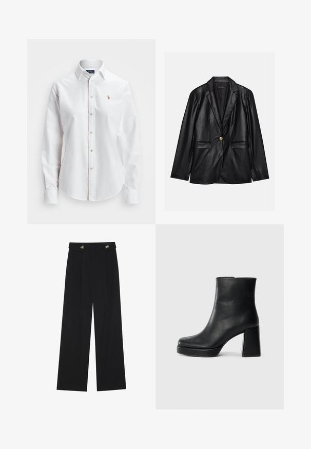 Blazer em couro preto com lapela recortada, fecho de um único botão dourado, dois bolsos frontais e acabamento suave. O forro interior é escuro.; Camisa de botão de manga longa branca feita de algodão, com um colarinho clássico e um pequeno logótipo bordado no peito.; Calças largas pretas com cintura alta, detalhes em botão na cintura e pregas frontais.; Bota de couro preta até ao tornozelo com salto bloco e sola com plataforma, vista de lado sobre um fundo branco liso.