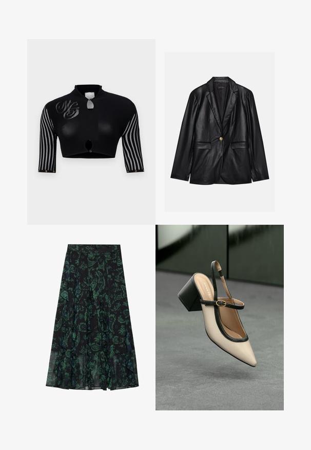 Black leather blazer with a notched lapel, single gold button closure, two front pockets, and smooth finish. Inner lining is dark.; Black cropped top with a high collar, featuring mesh sleeves with vertical stripes, a central button closure, and decorative logo detailing.; Black skirt with green floral pattern, featuring ruffled edges and pleats. Made from lightweight fabric, offering a flowing silhouette.; Beige pointed-toe slingback shoe with black trim, gold buckle, and a chunky block heel on gray floor with dark green background.
