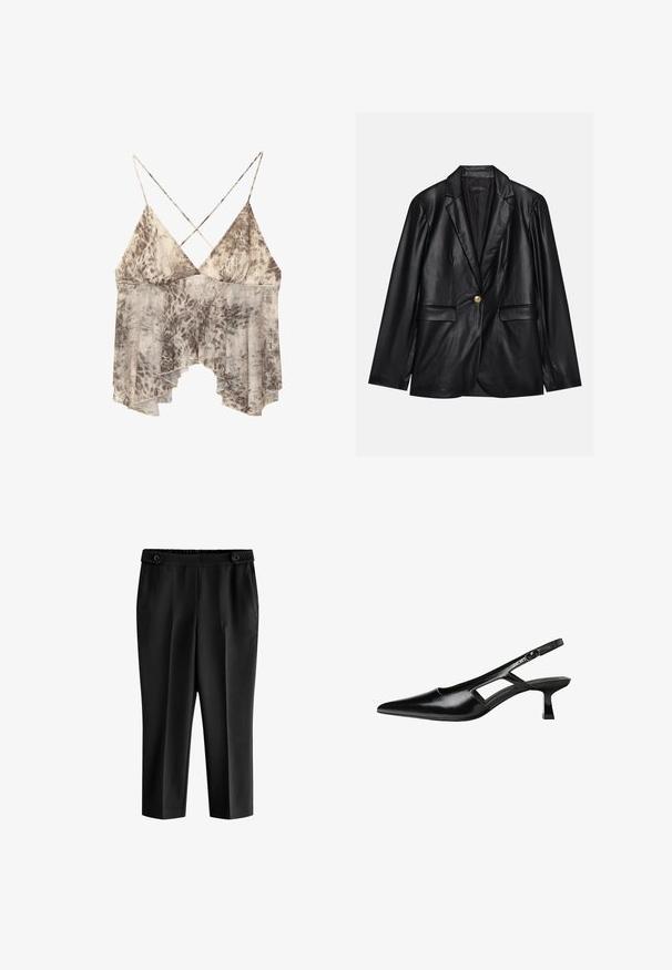 Black leather blazer with a notched lapel, single gold button closure, two front pockets, and smooth finish. Inner lining is dark.; Flowy sleeveless top with beige and brown abstract print, deep V-neck, and thin crossed straps at the back.; Black cropped trousers with a relaxed fit, elastic waistband, and two front pockets. Fabric has a smooth texture with a slightly shiny finish.; Black patent leather slingback heels with a pointed toe, cut-out side design, and a small square heel. Smooth texture with minimal accents.