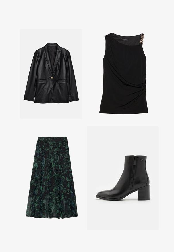 Black leather blazer with a notched lapel, single gold button closure, two front pockets, and smooth finish. Inner lining is dark.; Black sleeveless top with gathered fabric, featuring a smooth neckline and a decorative gold chain accent on the left shoulder.; Black skirt with green floral pattern, featuring ruffled edges and pleats. Made from lightweight fabric, offering a flowing silhouette.; Black ankle boots made of smooth leather with a side zipper. Features a pointed toe and a textured block heel for stability.
