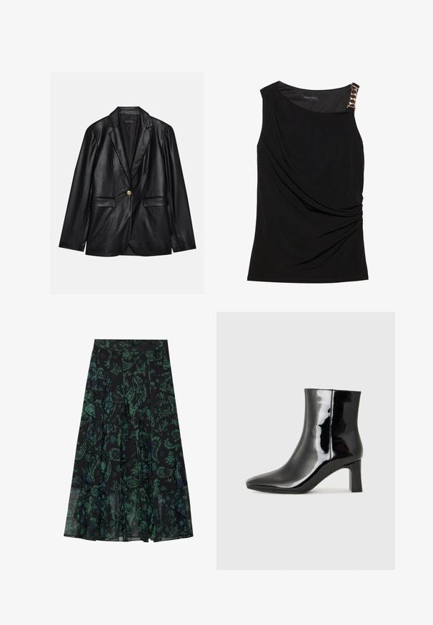 Blazer en cuir noir avec un revers cranté, fermeture à un bouton doré, deux poches avant et finition lisse. Doublure intérieure de couleur sombre.; Top sans manches noir avec un tissu froncé, doté d'un décolleté lisse et d'un accent décoratif en chaîne dorée sur l'épaule gauche.; Jupe noire avec un motif floral vert, dotée de bords à volants et de plis. Fabriquée en tissu léger, offrant une silhouette fluide.; Bottines en cuir verni noir avec un bout pointu et un talon block de hauteur moyenne. Texture lisse et design minimaliste.