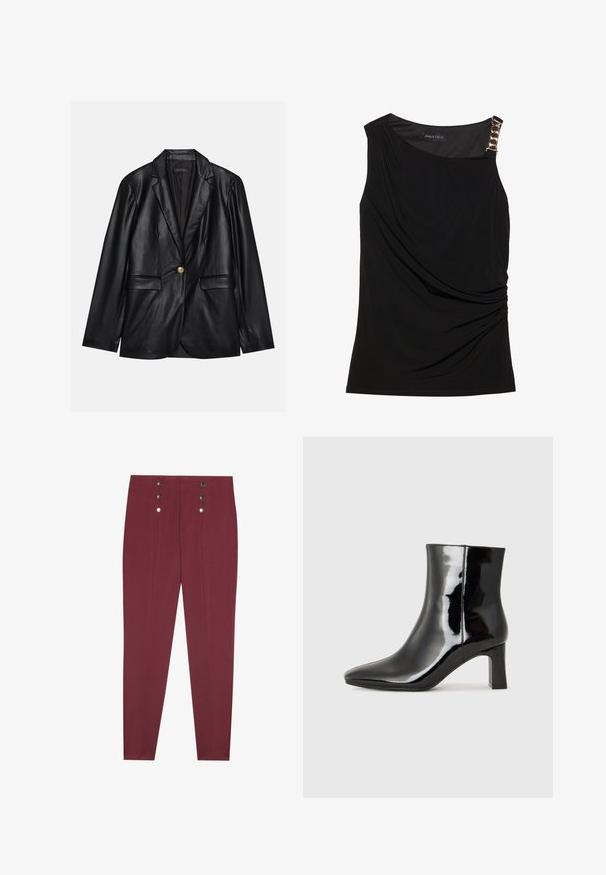 Black leather blazer with a notched lapel, single gold button closure, two front pockets, and smooth finish. Inner lining is dark.; Black sleeveless top with gathered fabric, featuring a smooth neckline and a decorative gold chain accent on the left shoulder.; Burgundy tailored trousers with side pockets, featuring a smooth texture and four decorative silver buttons at the waistband.; Black patent leather ankle boot with a pointed toe and a mid-height block heel. Smooth texture and minimalist design.