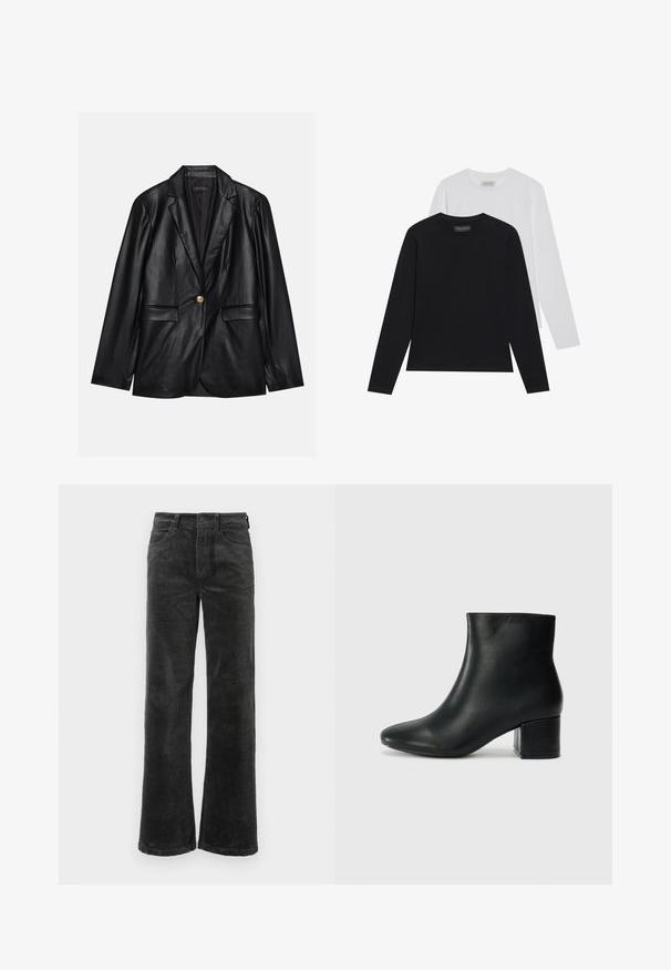 Schwarze Lederblazer mit Reverskragen, einem einzelnen goldenen Knopfverschluss, zwei Vorderaschen und glatter Oberfläche. Futter ist dunkel.; Zwei Langarmshirts: eines schwarz und eines weiß. Beide haben einen runden Ausschnitt und eine glatte, gerippte Textur. Markenlabel im Ausschnitt sichtbar.; Schwarze Cordhosen mit weitem Bein, ausgestattet mit Fronttaschen und einem Knopfverschluss, weiche Textur mit geripptem Muster über die gesamte Fläche.; Schwarze Leder-Ankle-Boots mit spitzem Zehenbereich und klobigem Absatz. Glatte Textur mit minimalen Akzenten und einem eleganten, taillierten Design.