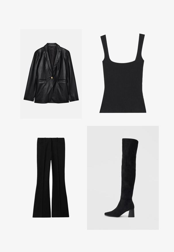 Schwarze Lederblazer mit Reverskragen, einem einzelnen goldenen Knopfverschluss, zwei Vorderaschen und glatter Oberfläche. Futter ist dunkel.; Schwarzes geripptes Tanktop mit quadratischem Ausschnitt und schmalen, verstellbaren Trägern. Der Stoff hat ein strukturiertes Muster und eine figurbetonte Passform.; Reiss GABI FLARED - Stoffhose - black; Schwarze Wildleder-Stiefel bis zum Knie mit Blockabsatz, spitzer Zehe und glattem, nahtlosem Design auf einem schlichten, hellen Hintergrund.