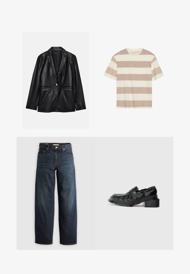 Fekete bőr blézer, kihajtott gallérral, egyetlen arany gombbal záródik, két elülső zsebbel rendelkezik, és sima felülettel bír. Belső bélése sötét színű.; Csíkos póló világos bézs és krém színben. Rövid ujjú, kerek nyakkivágás, laza szabás, puha tapintású. Vízszintes csíkok különböző szélességekkel.; Sötétkék farmernadrág, egyenes lábbal, öt zsebes stílussal, és díszvarrásokkal, gombos zárással.; Fekete bőr loaferek, strukturált talppal, enyhén megemelt blokk sarkúak, texturált felsőrésszel, elöl pánttal rögzítve.