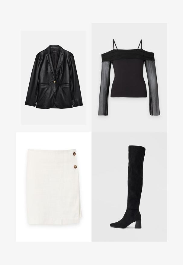 Sacou din piele neagră cu rever ascuțit, închidere cu un singur nasture auriu, două buzunare frontale și finisaj neted. Captuseala interioară este de culoare închisă.; Top negru fără umeri, cu bretele subțiri și mâneci lungi transparente realizate din țesătură din plasă translucidă.; Fustă albă dintr-un material texturat, având un design cu înfășurare și două butoane rotunde pe lateral pentru închidere.; Cizme negre din suede, cu toc bloc, vârf ascuțit și un design neted, fără cusături, pe un fundal deschis.