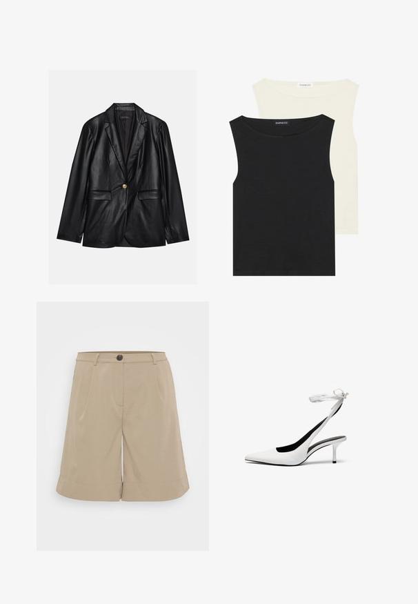 Blazer em couro preto com lapela recortada, fecho de um único botão dourado, dois bolsos frontais e acabamento suave. O forro interior é escuro.; T-Shirts sem mangas em preto e creme, feitos de algodão, com decotes redondos e uma textura suave, empilhados com rótulos visíveis.; Bermudas caqui feitas de um tecido leve, apresentando frente plana, pregas, fecho de botão e bainhas enroladas. Design simples e ajustado.; Sapatos de salto alto brancos com biqueira fina e tiras de calcanhar. Material de couro liso, salto agulha fino e forro interior preto.